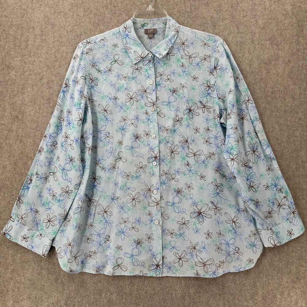 J Jill Shirt Blue Floral 100% Linen Top Women LARGE Button Up Long Sleeve Blouse